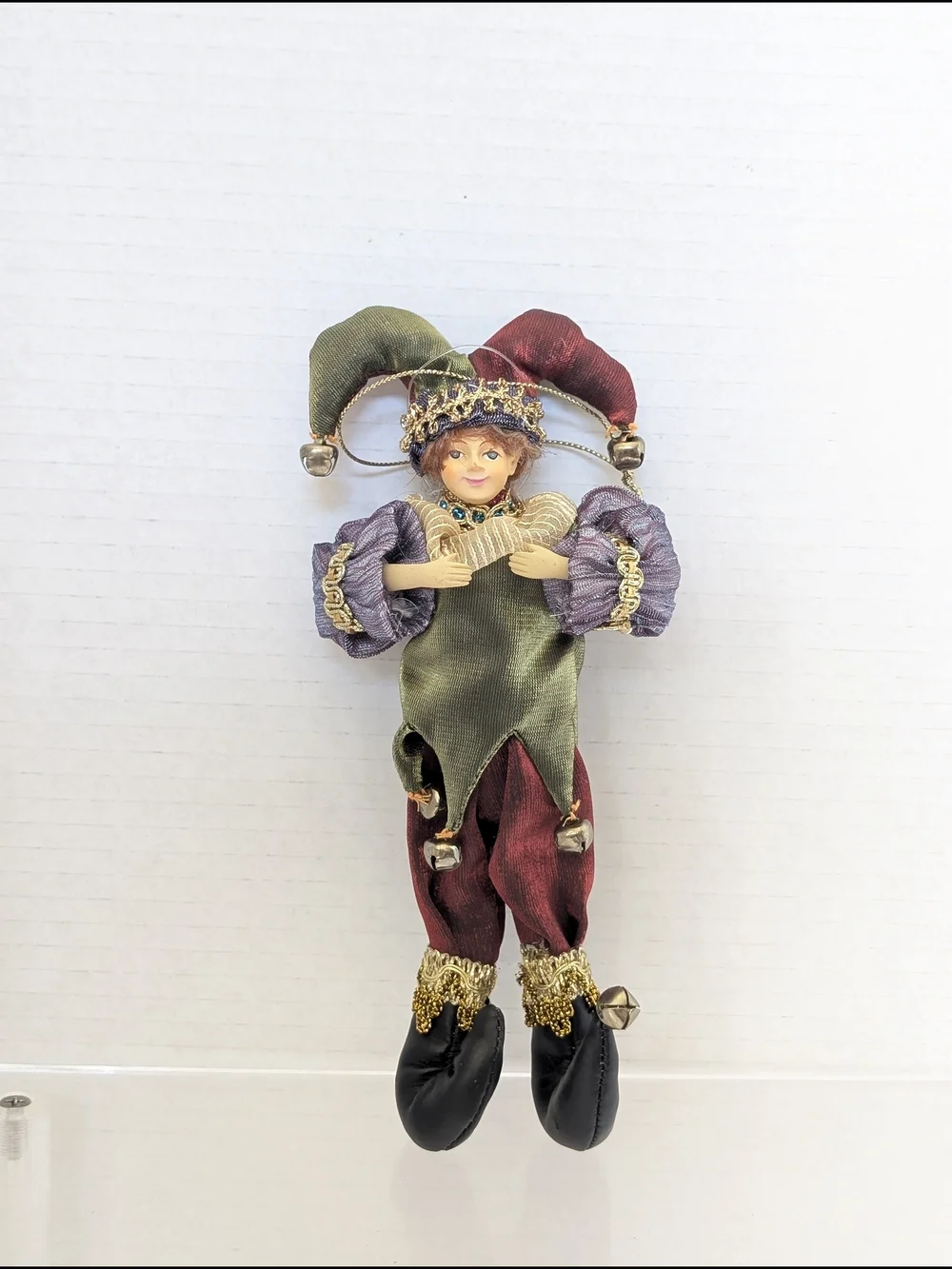 Handcrafted Jester Doll Ornament in Green, Red & Purple